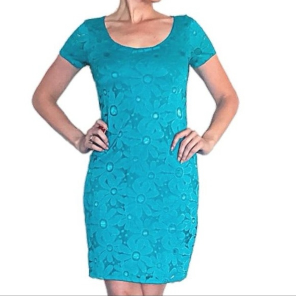 TIANA‎ Sheath Dress Floral Scoop Neck Short SleeveTurquoise Lined Large